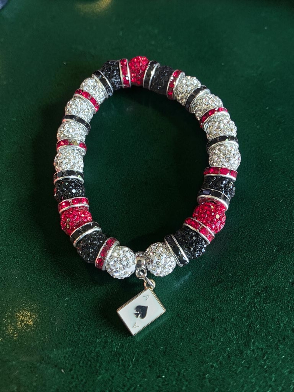 Crystal Pavé Stretch Bracelet with Ace Charm - Black, Red & White